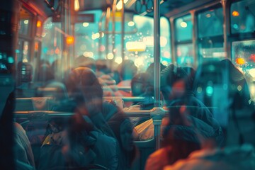 A crowded bus interior at night with colorful city lights reflecting on the window.