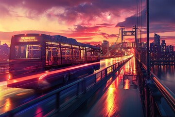City bus crossing a bridge at sunset.