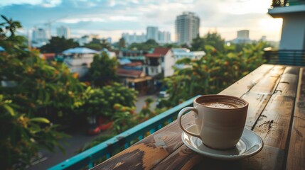 A serene scene of morning coffee on a balcony overlooking the city, capturing a moment of solitude...