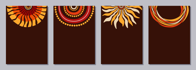 Set of flyers, posters, banners, placards, brochure design templates A6 size with stylized sun, tribal ornaments of orange, yellow, brown, beige colors. Card templates. Australian, Aboriginal art. - 780280190
