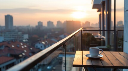 A serene scene of morning coffee on a balcony overlooking the city, capturing a moment of solitude and reflection.