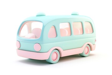 Obraz na płótnie Canvas A stylized 3D illustration of a cartoonish pastel blue and pink bus on a white background.