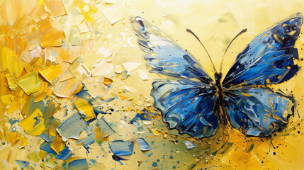 A blue butterfly on an oil painting background, with a golden yellow and amber color scheme