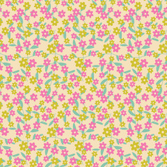 Cute bright seamless pattern with green and pink flowers and leaves vector illustration