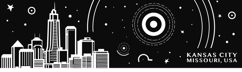 USA Kansas city vintage banner with abstract black and white cityscape and skyline. Retro vector horizontal illustration for Missouri state, United States of America