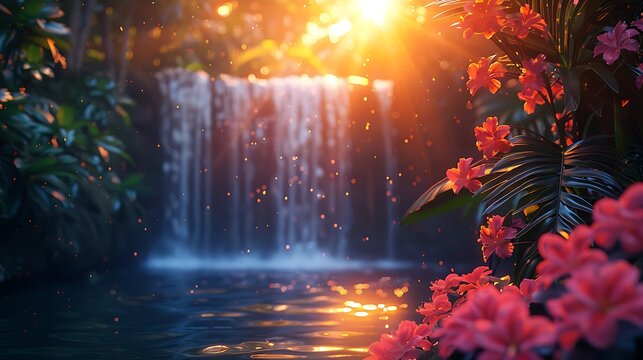 A photorealistic image capturing the vibrant beauty of a tropical paradise, featuring exotic flowers like orchids and lush monstera leaves, with a waterfall gently cascading in the background.