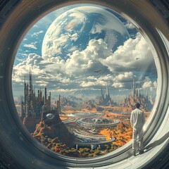 Capture the essence of future possibilities through a rear view perspective Show a futuristic landscape with innovators shaping humanitys tomorrow - obrazy, fototapety, plakaty