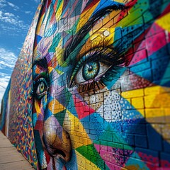 Capture the essence of urban creativity with a long shot showcasing a vibrant street art mural Highlight the cultural significance and powerful messages portrayed through the artwork