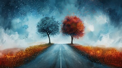 Ethereal Road with Trees Shedding Red Leaves - obrazy, fototapety, plakaty