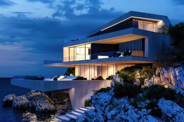 modern villa house on the cliff 3d rendering