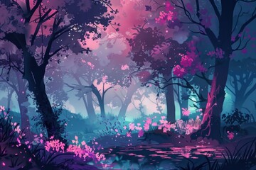 dark forest landscape with bright pink flowers and trees
