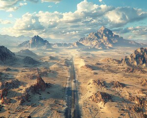 Craft a visually striking image of a desert road trip from a unique tilted angle perspective Highlight the