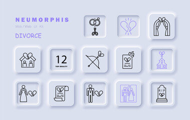 Divorce set icon. Document, broken heart, burning paper, breakup, separate, bride, wedding dress, bow, grave, photo card, split, crown. Parting, ending a relationship concept. Vector line icon.