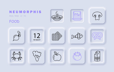 Food set icon. Fish, tomato, pastries, milk, crab, pancakes, apple, natural products, mushrooms, radishes, soup, hot, delicacies, unusual food. Healthy eating concept. Vector line icon.
