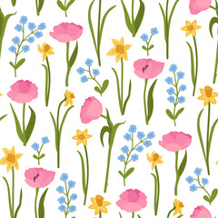 Seamless pattern of bright spring flowers on a white background. Vector illustration with floral ornament. Stylized print for printing on fabric, packaging, wallpaper, home textiles.