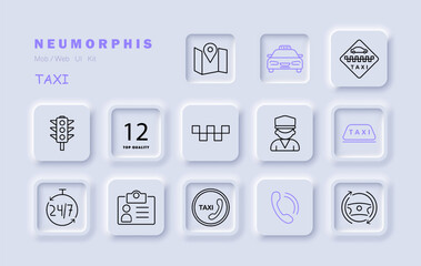 Taxi icon set. ID card, passport, data, phone, call, silhouette, driver, uniform, 24 hour work, steering wheel, sign, traffic light, car. Transportation service concept. Vector line icon.