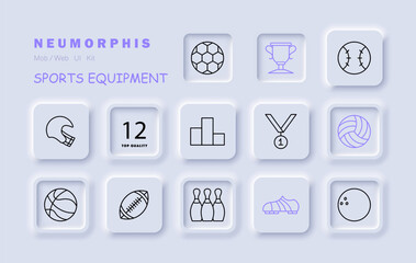 Sports set icon. Shoes, soccer ball, skittles, podium, medal, first place, rugby, volleyball, bowling ball, outdoor activity, useful hobby. Healthy lifestyle concept. Vector line icon.