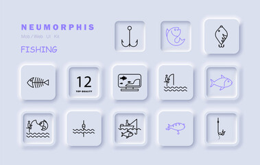 Fishing icon set. Camping, skeleton, fishing line, fisherman, sea, pond, catch, hook, float, hook, underwater creature, perch, silhouette. Active recreation concept. Vector line icon.