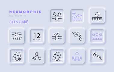 Skin care icon set. HO2, hydroperoxyl, leaf, drops, liquid, mask, natural products, skin protection,   cream, oil, silhouette. Health care concept. Vector line icon.