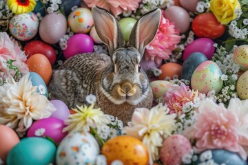 Fototapeta na wymiar A plant statue of a rabbit with a backdrop of Easter eggs and flowers, set in a natural foodthemed event with a pattern of fruits and local foods, surrounded by grass AIG42E