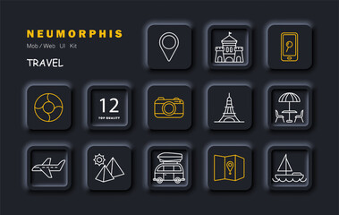 Travel set icon. Sights, geolocation, castle, pyramids, sun, tourism, Eiffel Tower, map, location, culture, yacht, plane, camera, search, phone, car, recreation, entertainment. Vector line icon.