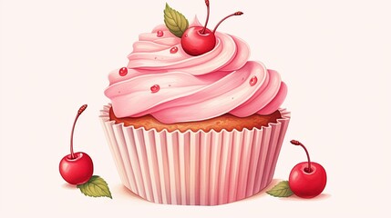 Greeting card with watercolor cupcake and cherry. With place for your text. (Use for Boarding Pass, invitations, thank you card, Birthday card)
