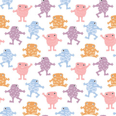 Cute smiling frogs seamless pattern. Cartoon character print in a simple children's style. Vector illustration in a bright palette on a white background. Suitable for children's fabrics and wallpaper.