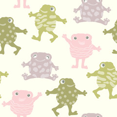 Cute smiling frogs seamless pattern. Cartoon character print in a simple children's style. Vector illustration in pastel vintage palette. Suitable for children's fabrics and wallpaper.