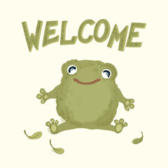 Cute smiling frog. Welcome lettering and cartoon character in simple childish drawn style. Vector isolate in pastel vintage palette on white background.
