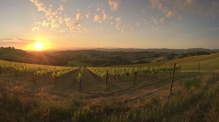 Obraz premium A panoramic view of a vineyard at sunset, emphasizing the beauty and romance of wine country.