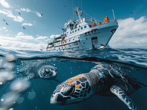 Create a captivating long shot of a research vessel at sea, surrounded by marine animals like whales and sea turtles Highlight the dedication of scientists e 