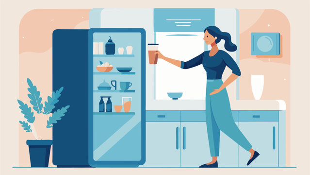 An image of a woman reaching for a filtered water pitcher in her fridge with the words Say goodbye to constantly buying bottled water and hello