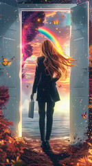 businesswoman with long ginger hair holding a laptop under her arm seen from behind, standing at a wide white door leading to a fantastical new world with sunset, rainbow, and butterflies,