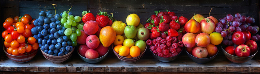 Fruit baskets, variety, essential vitamins, arranging a rainbow of fruits for a balanced diet Photography, backlighting effect, vignette camera effect - obrazy, fototapety, plakaty