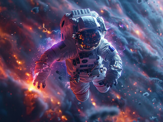 Galactic Explorer, Futuristic astronaut, Exploring a colorful nebula, In a stormy atmosphere, Realistic, Rim lighting, Chromatic Aberration - obrazy, fototapety, plakaty