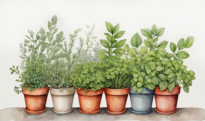 Watercolor illustration of herbs like rosemary, thyme, basil growing in pots on white background. Home herbarium - 780283188