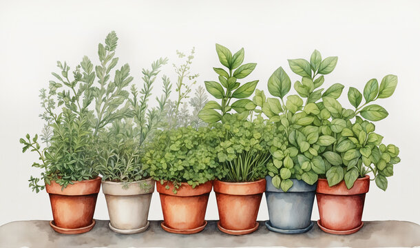 Watercolor illustration of herbs like rosemary, thyme, basil growing in pots on white background. Home herbarium