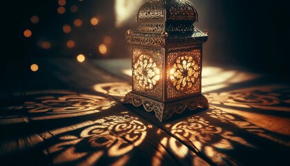 This image should be a close-up in a 16_9 ratio, showcasing a beautifully ornate Ramadan lantern casting intricate shadows onto an old wooden table.