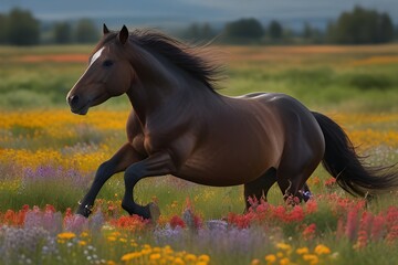 Obraz premium A majestic horse galloping through a field of wildflowers, its mane flowing in the wind and its powerful muscles rippling under its sleek coat.