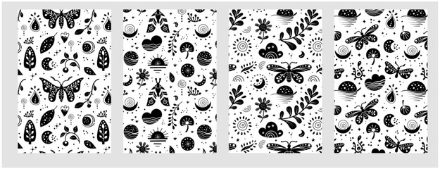 Seamless neo folk pattern with butterfly, moth and flowers, black and white floral design. Set Neo folk style endless backgrounds perfect for textile design.