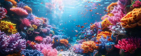Obraz na płótnie Canvas Living Ocean, talking marine life, conscious coral reefs, surfacing ethical dilemmas An underwater utopia with sentient beings Realistic 3D render, Backlights, Vignette, Chromatic Aberration