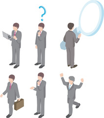 ビジネス　アイソメトリック　人物　男性　就活　転職　仕事　イラスト素材セット