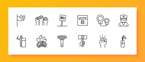 Uprising icon set. Flag, fire, banner, no, ban, handcuffs, police, burning tires, voice, man, silhouette, Molotov cocktail, .  The concept of the fight against the regime. Vector line icon.