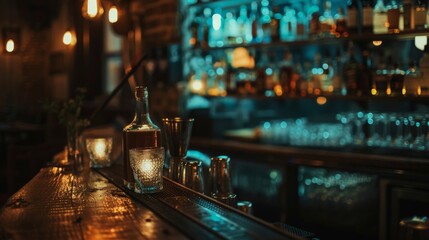 A moody, atmospheric shot of a craft cocktail bar, emphasizing the sophistication and mystery of nightlife. - obrazy, fototapety, plakaty