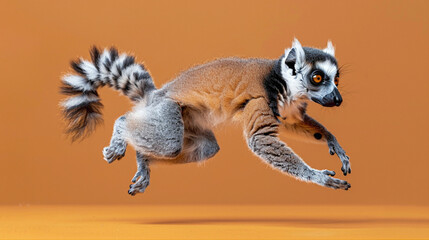 a Lemur Leaping, studio shot, against solid color background, hyperrealistic photography, blank space for writing