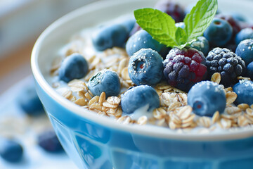 A nutritious bowl of oatmeal with fresh berries and mint, perfect for a healthy breakfast - obrazy, fototapety, plakaty