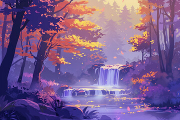 Mystical waterfall, surrounded by autumn trees in fog, exudes tranquility and vibrant seasonal beauty - obrazy, fototapety, plakaty