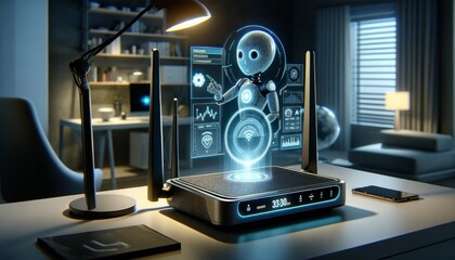 A router with integrated artificial intelligence, displaying a 3D AI assistant hologram configuring network settings, emphasizing user-friendly design.