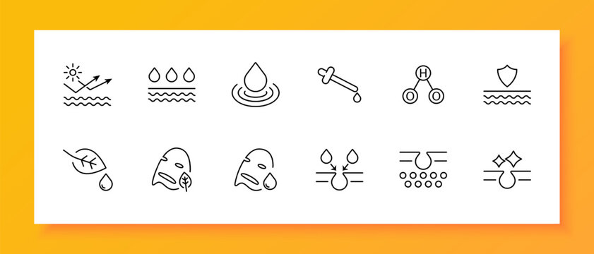 Skin care icon set. HO2, hydroperoxyl, leaf, drops, liquid, mask, natural products, skin protection,   cream, oil, silhouette, .  Health care concept. Vector line icon.