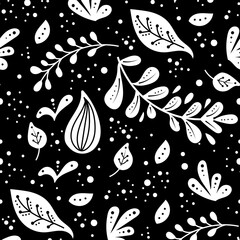 Seamless neo folk art vector pattern with flowers, black and white floral design. Neo folk style endless background perfect for textile design.